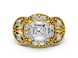 Yellow gold Asscher Cut Halo Milgrain Diamond Engagement Ring with Leaf Band and Four-Prong Setting_3