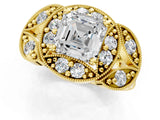 Yellow gold Asscher Cut Halo Milgrain Diamond Engagement Ring with Leaf Band and Four-Prong Setting_4