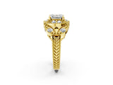Yellow gold Asscher Cut Halo Milgrain Diamond Engagement Ring with Leaf Band and Four-Prong Setting_5