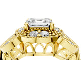 Yellow gold Asscher Cut Halo Milgrain Diamond Engagement Ring with Leaf Band and Four-Prong Setting_7