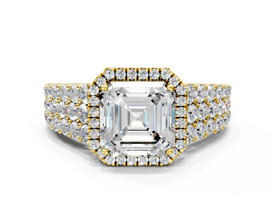 Yellow gold Asscher Cut Halo Pavé Diamond Engagement Ring with Split Shank and Four-Prong Setting_3