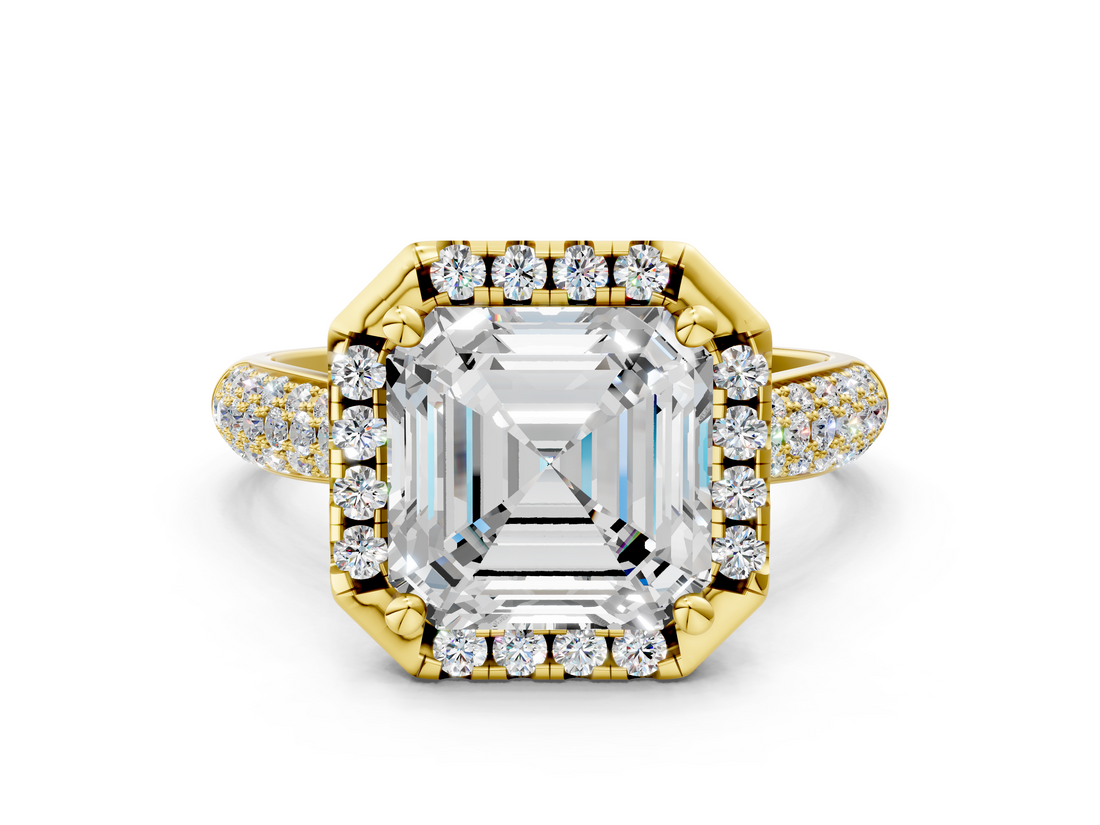 Yellow gold Asscher Cut Halo Pave Band Four-Prong Setting Ring_6