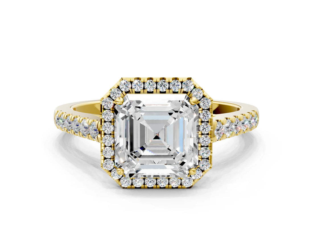 Yellow gold Asscher Cut Halo Pave Diamond Engagement Ring with Four-Prong Setting_3