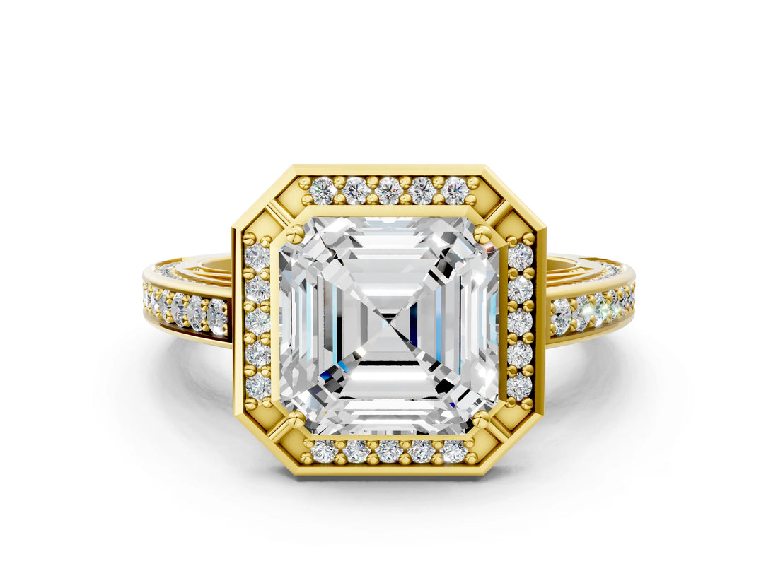 Yellow gold Asscher Cut Halo Pave Split Shank Prong Setting Ring_49