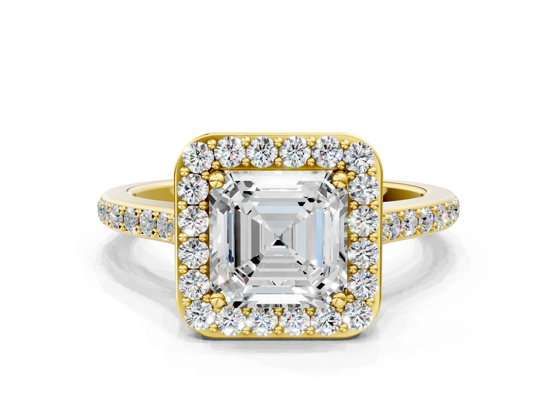 Yellow gold Asscher Cut Halo Round Diamond Pavé Band with Four-Prong Setting_3