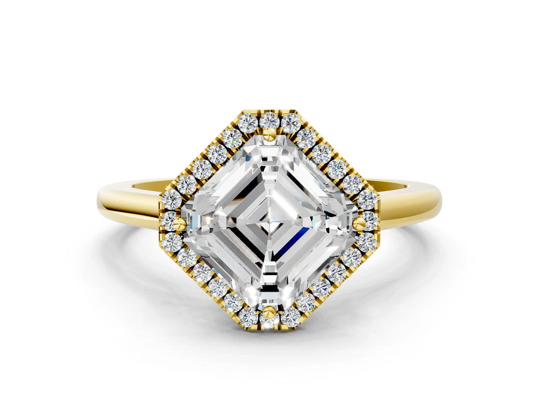 Yellow gold Asscher Cut Halo Round Diamond Solitaire Engagement Ring with Pave Band and Four-Prong Setting_15