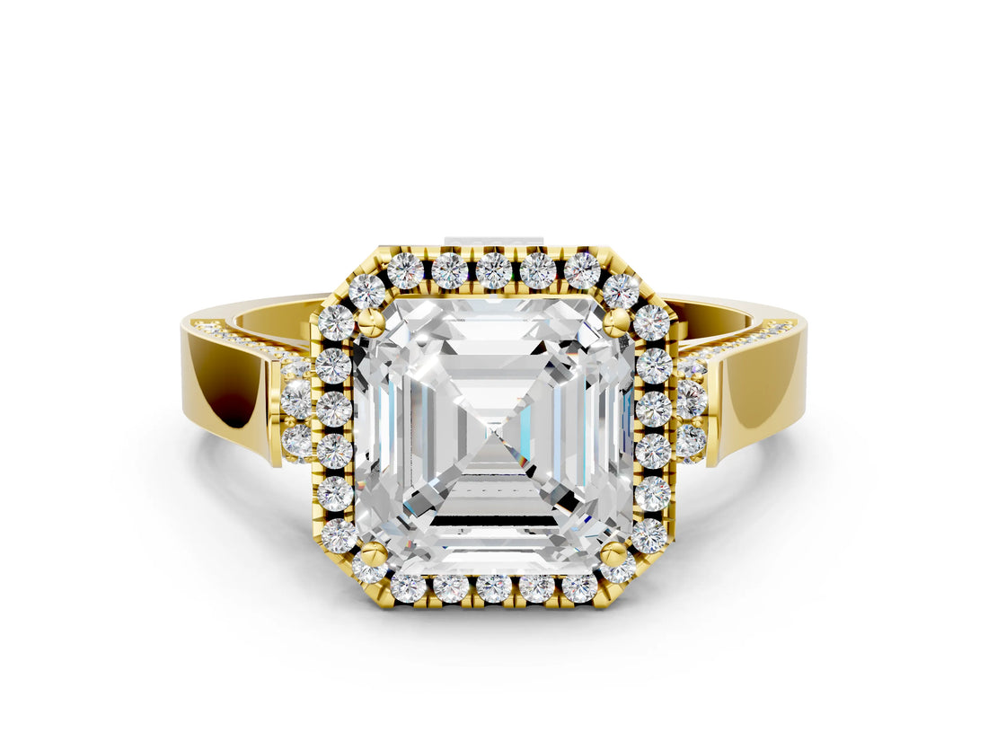 Yellow gold Asscher Cut Halo Round Diamond Twist Band with Four-Prong Setting_15