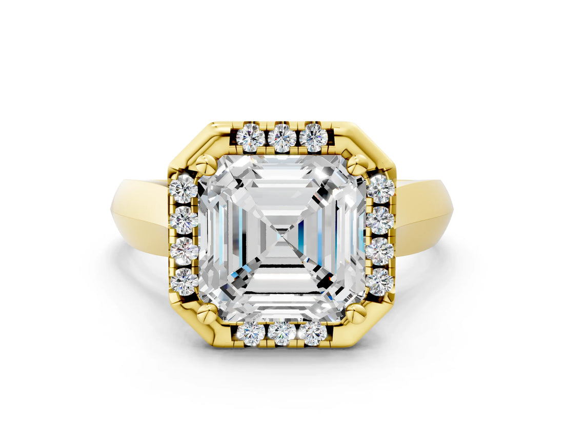 Yellow gold Asscher Cut Halo Solitaire Engagement Ring with Square Band and Four-Prong Setting_66