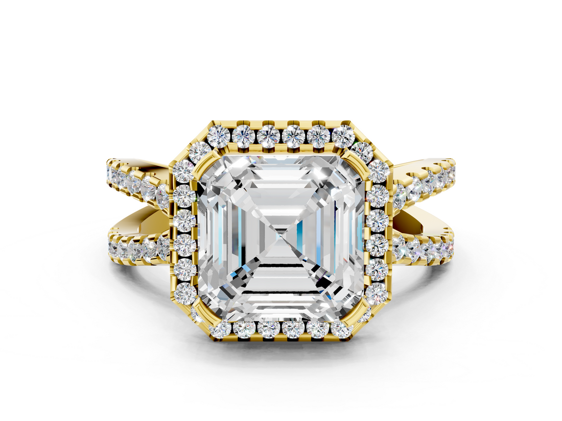 Yellow gold Asscher Cut Halo Split Shank Pave Set Ring_28