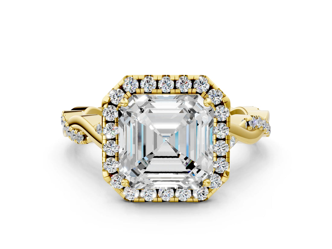 Yellow gold Asscher Cut Halo Twist Band with Four-Prong Setting_15