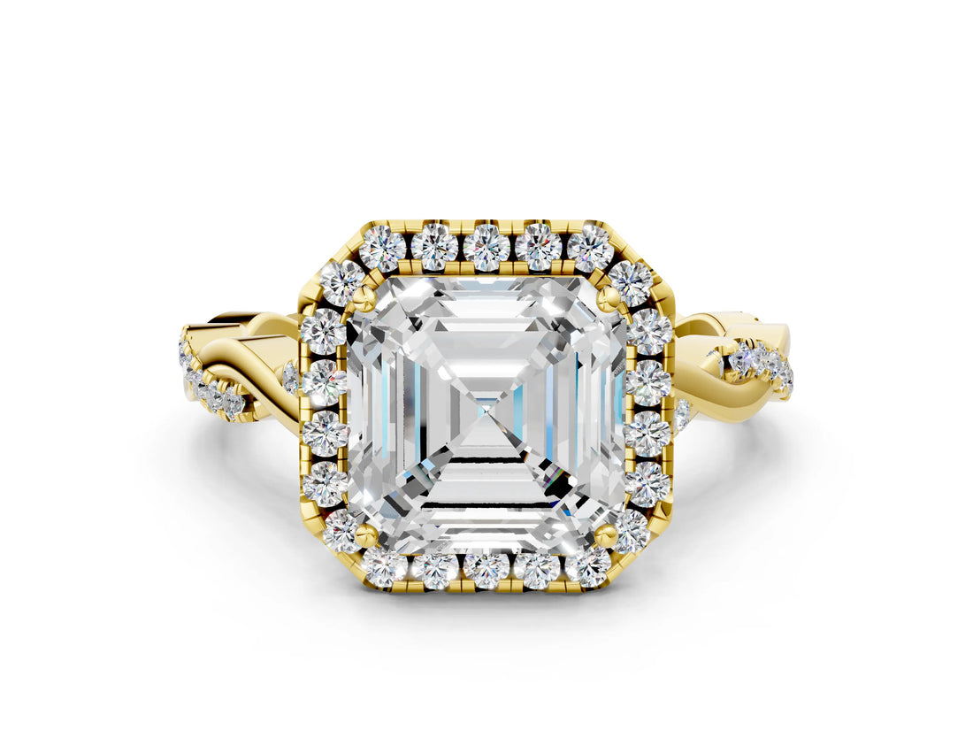 Yellow gold Asscher Cut Halo Twist Band with Four-Prong Setting_3