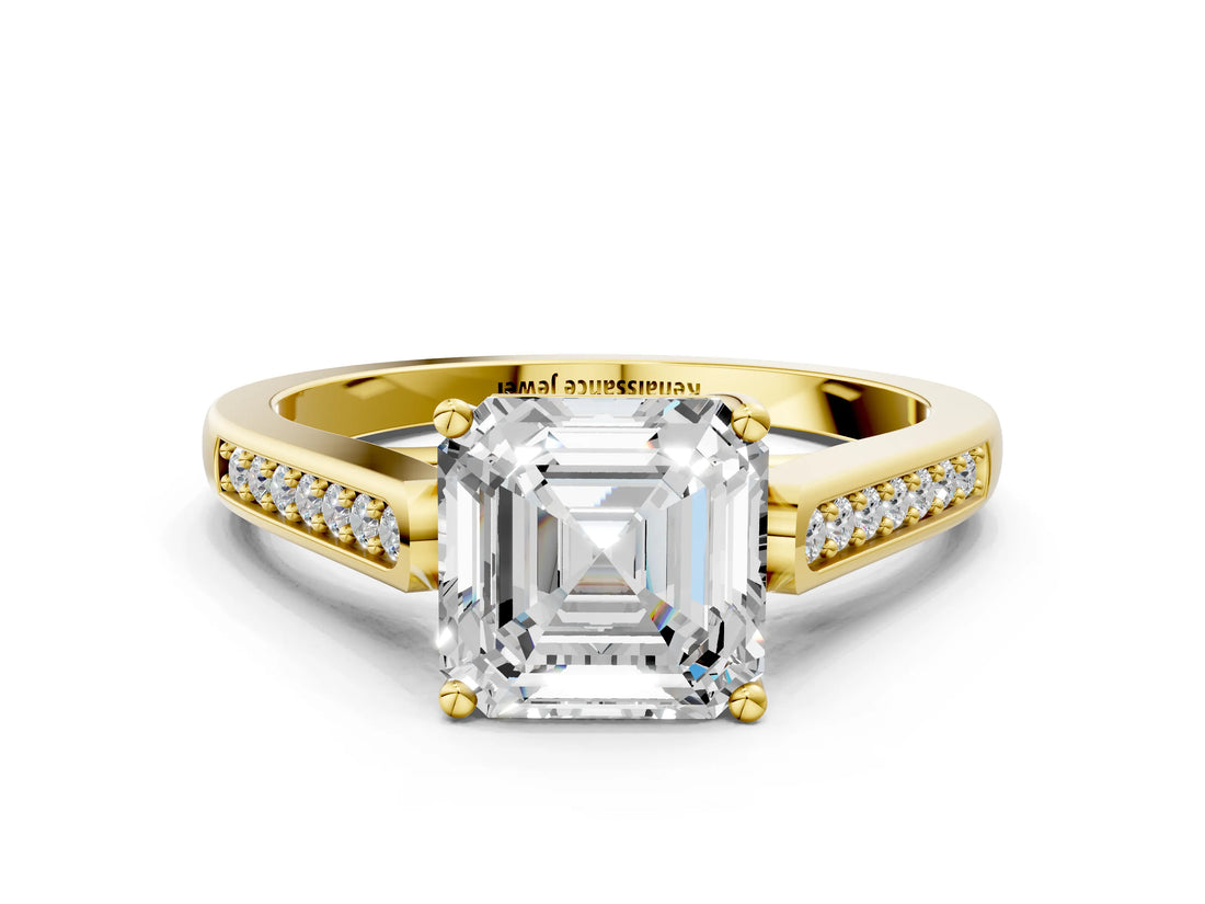 Yellow gold Asscher Cut Solitaire Cathedral Diamond Engagement Ring with Channel-Set Band and Four-Prong Setting_7