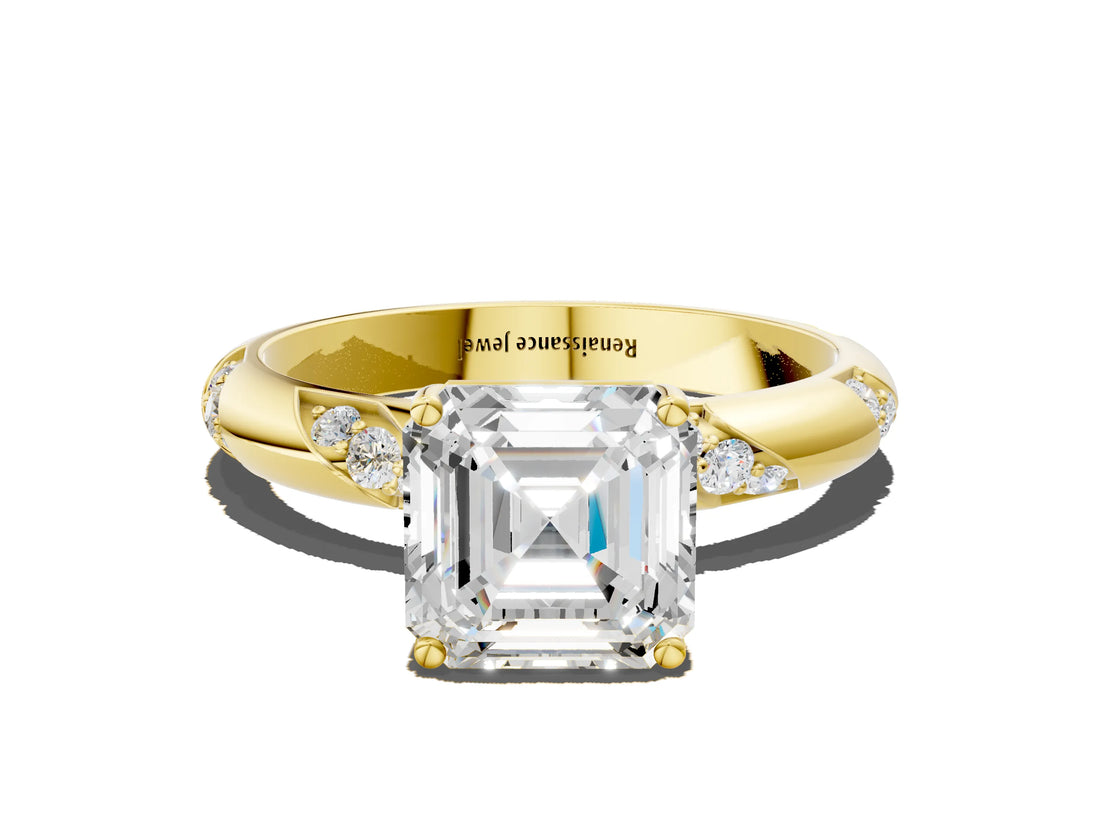 Yellow gold Asscher Cut Solitaire Diamond Engagement Ring with Twisted Pave Band and Four-Prong Setting_3