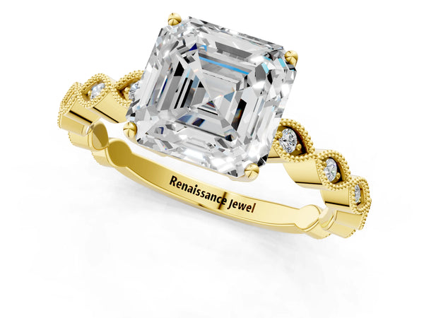Yellow gold Asscher Cut Solitaire Diamond Ring with Infinity Twist Band and Four-Prong Setting