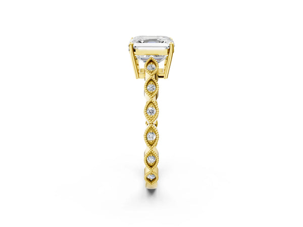 Yellow gold Asscher Cut Solitaire Diamond Ring with Infinity Twist Band and Four-Prong Setting