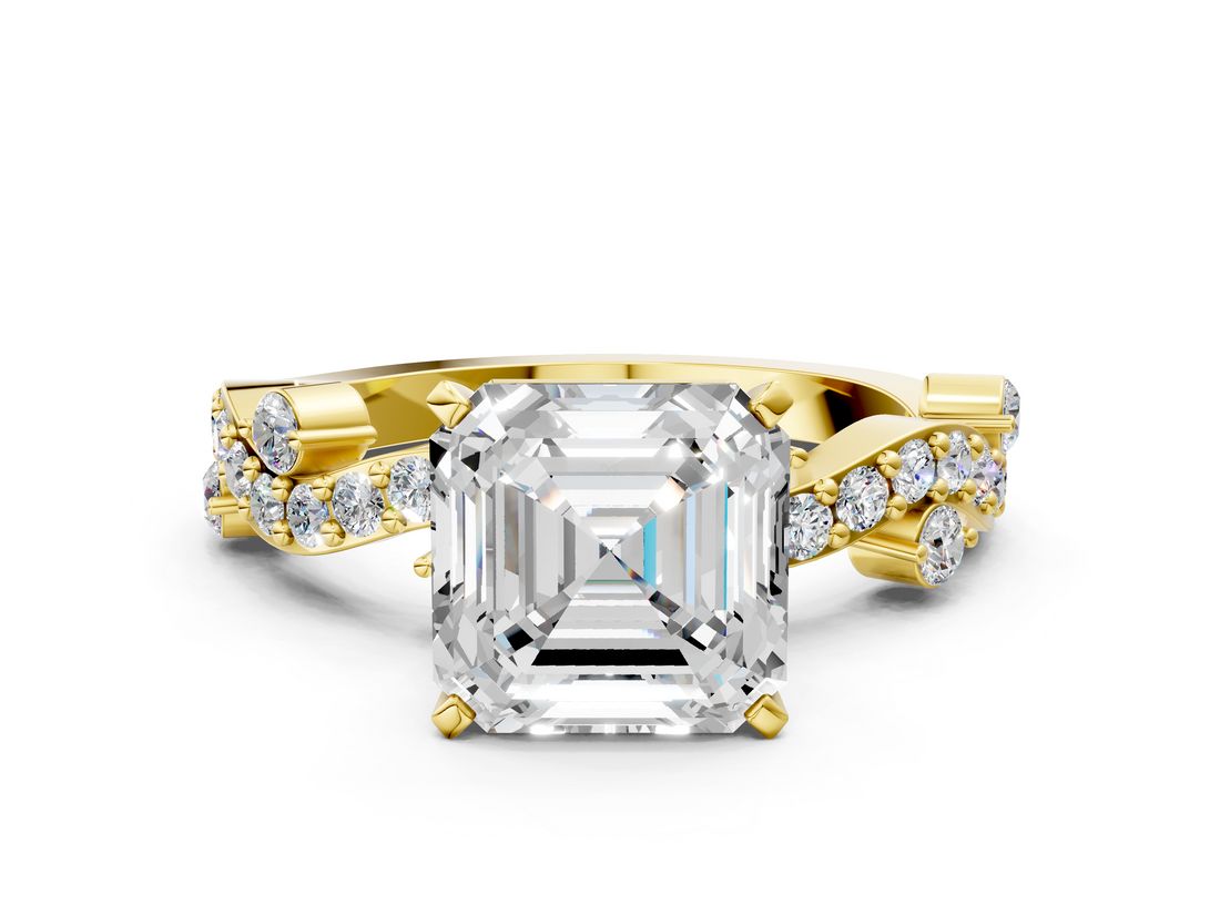 Yellow gold Asscher Cut Solitaire Diamond Twisted Band with Pave Setting_24