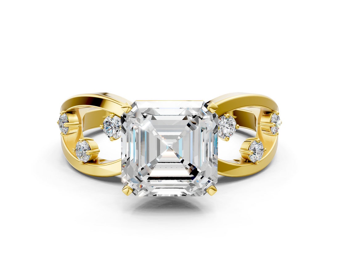 Yellow gold Asscher Cut Solitaire Diamond with Side Stones on Criss-Cross Band and Four-Prong Setting_29