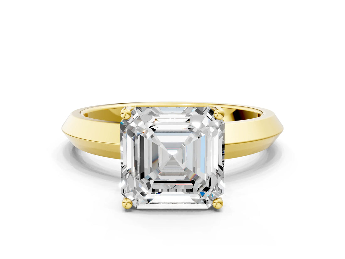 Yellow gold Asscher Cut Solitaire Engagement Ring with Flat Band and Four-Prong Setting 1