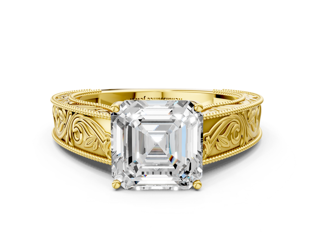 Yellow gold Asscher Cut Solitaire Engraved Band with Four-Prong Setting_6