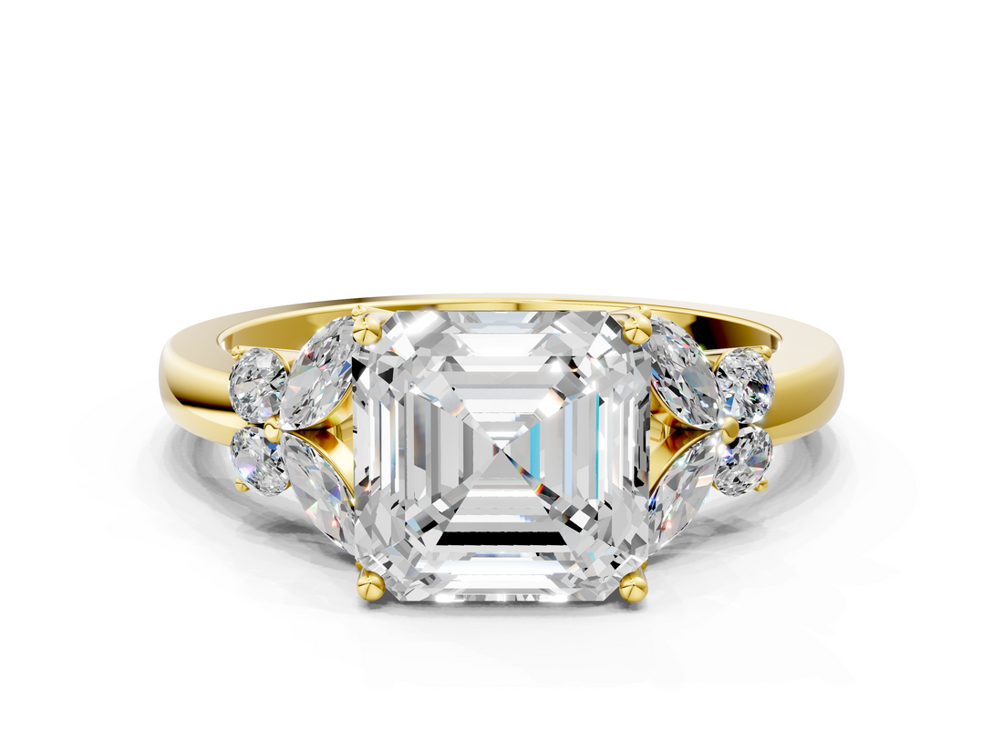 Yellow gold Asscher Cut Solitaire Floral Diamond Ring with Four-Prong Setting_6