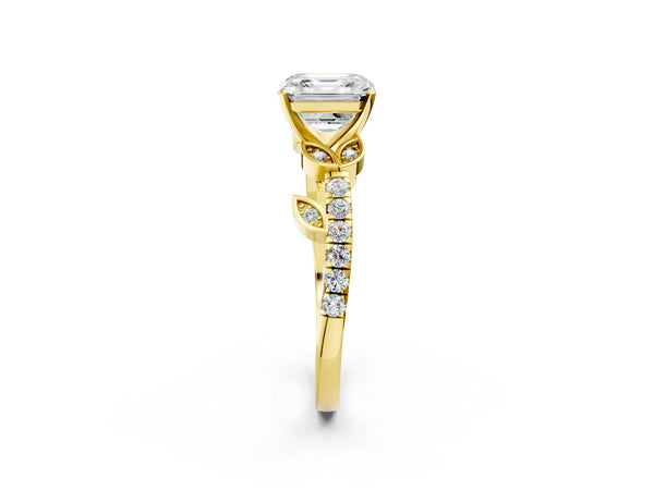 Yellow Gold Asscher Cut Leaf Solitaire Engagement Ring Setting with Pave Band