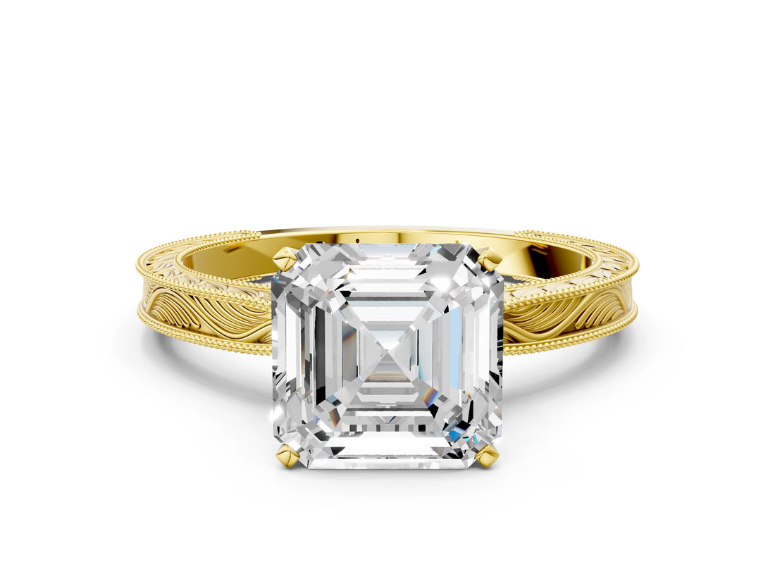 Yellow gold Asscher Cut Solitaire Milgrain Engraved Band with Four-Prong Setting_4