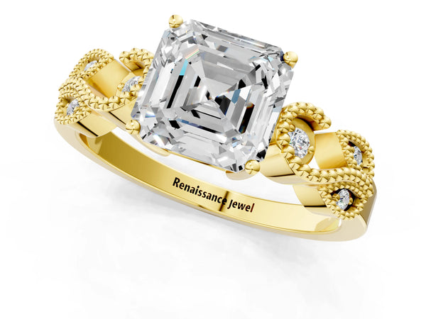Yellow Gold Asscher Cut Vintage Solitaire Engagement Ring Setting with Milgrain Leaf Shoulders