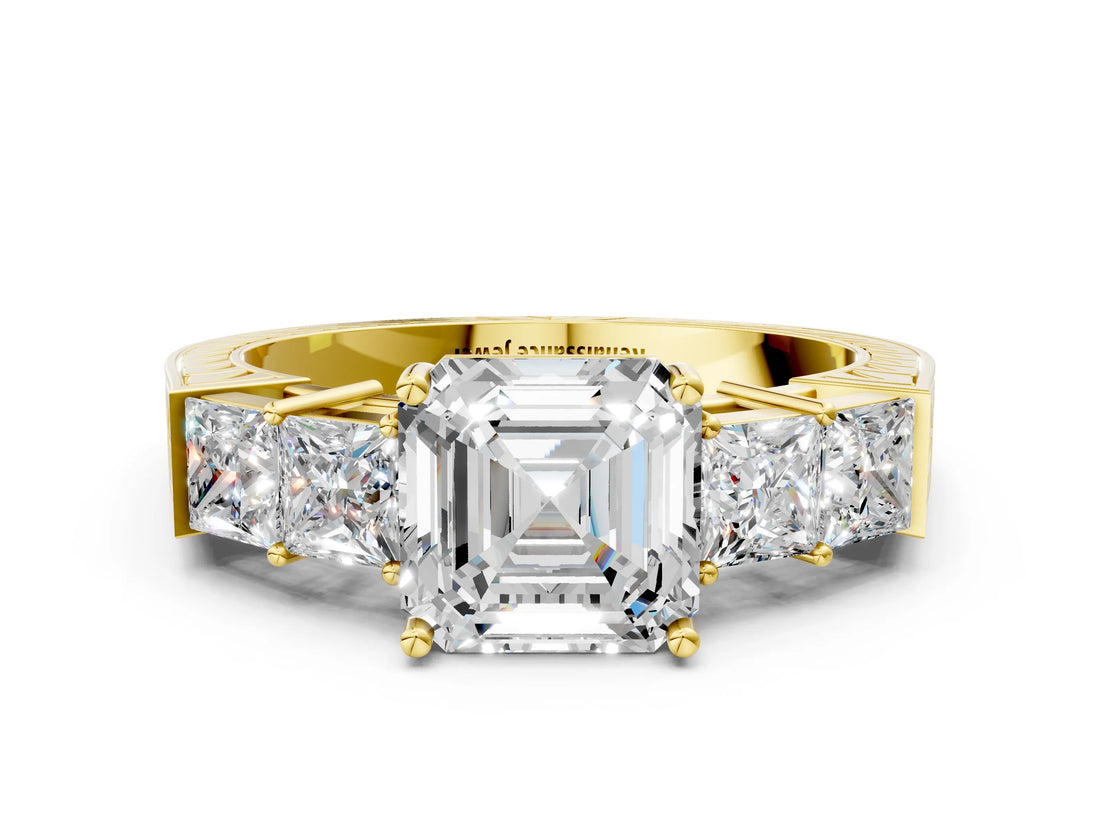 Yellow gold Asscher Cut Solitaire Princess Side Stone Engraved Band Prong Setting Ring_3