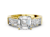 Yellow gold Asscher Cut Solitaire Princess Side Stone Engraved Band Prong Setting Ring_3
