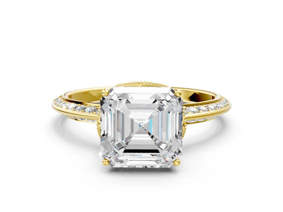 Yellow gold Asscher Cut Solitaire Split Shank Pave Diamond Engagement Ring with Four-Prong Setting_49
