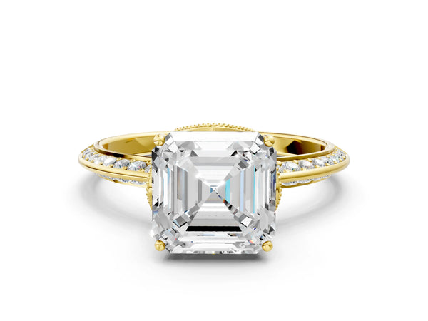 Yellow Gold Asscher Cut Graduated Pave Engagement Ring Setting