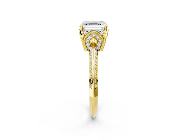 Yellow Gold Asscher Cut Graduated Pave Engagement Ring Setting