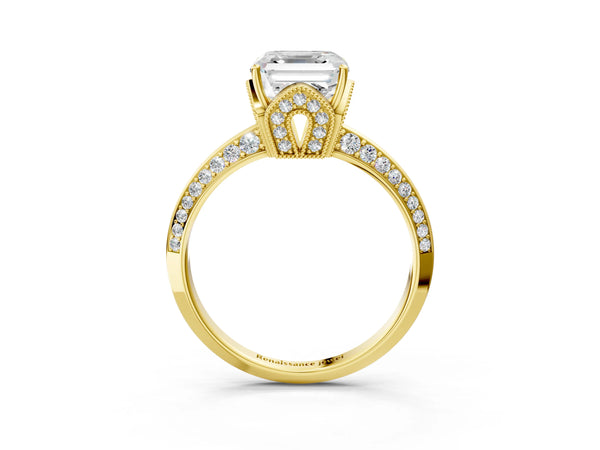 Yellow Gold Asscher Cut Graduated Pave Engagement Ring Setting