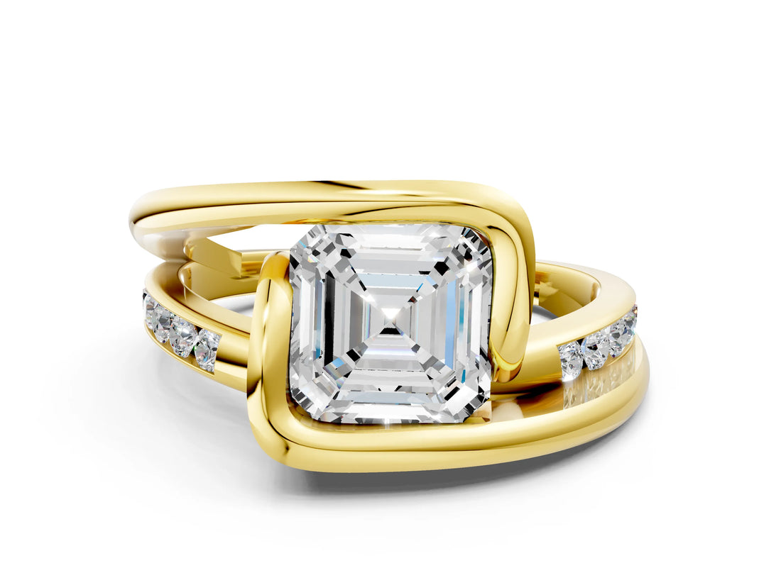 Yellow gold Asscher Cut Solitaire Tension-Set Diamond Split Shank Ring_20