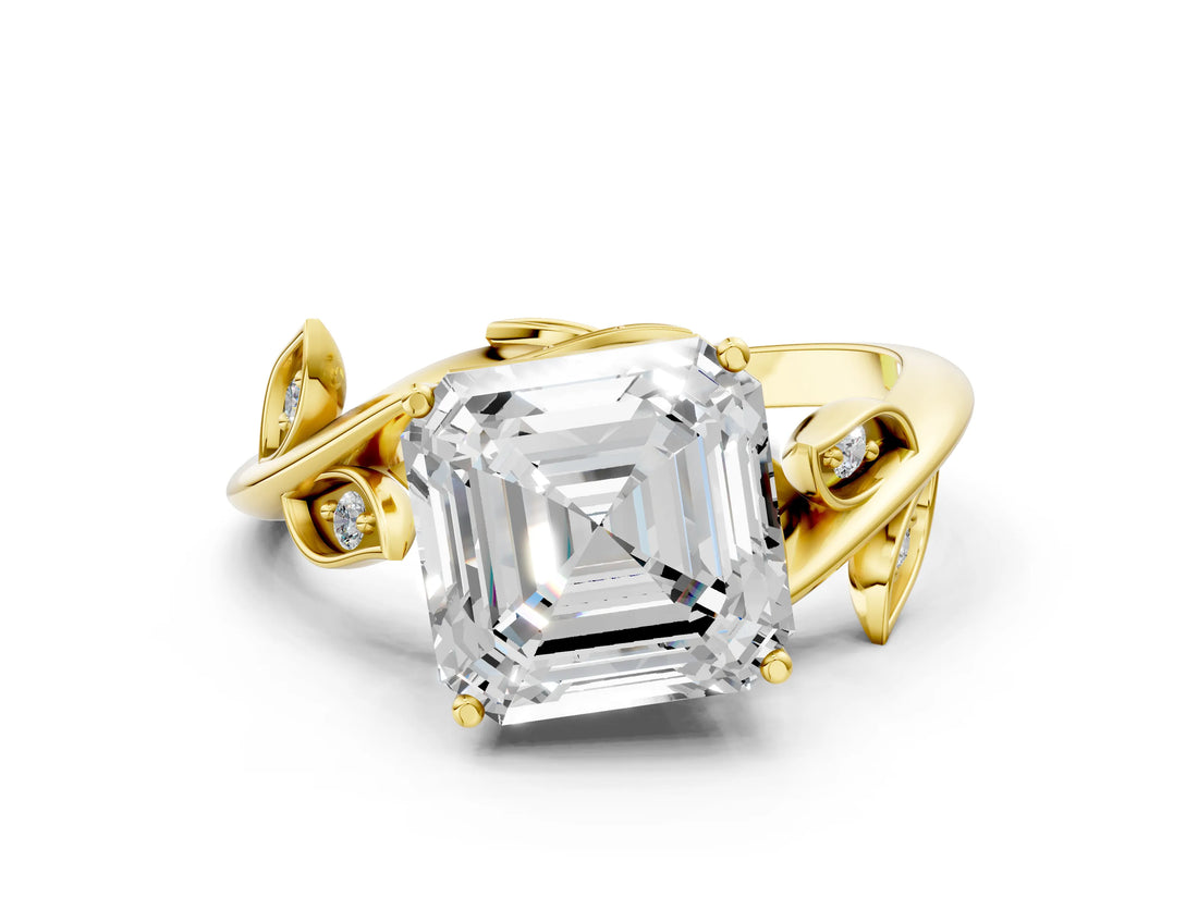 Yellow gold Asscher Cut Solitaire Twist Engagement Ring with Leaf Accents and Prong Setting_15