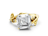 Yellow gold Asscher Cut Solitaire Twist Engagement Ring with Leaf Accents and Prong Setting_15