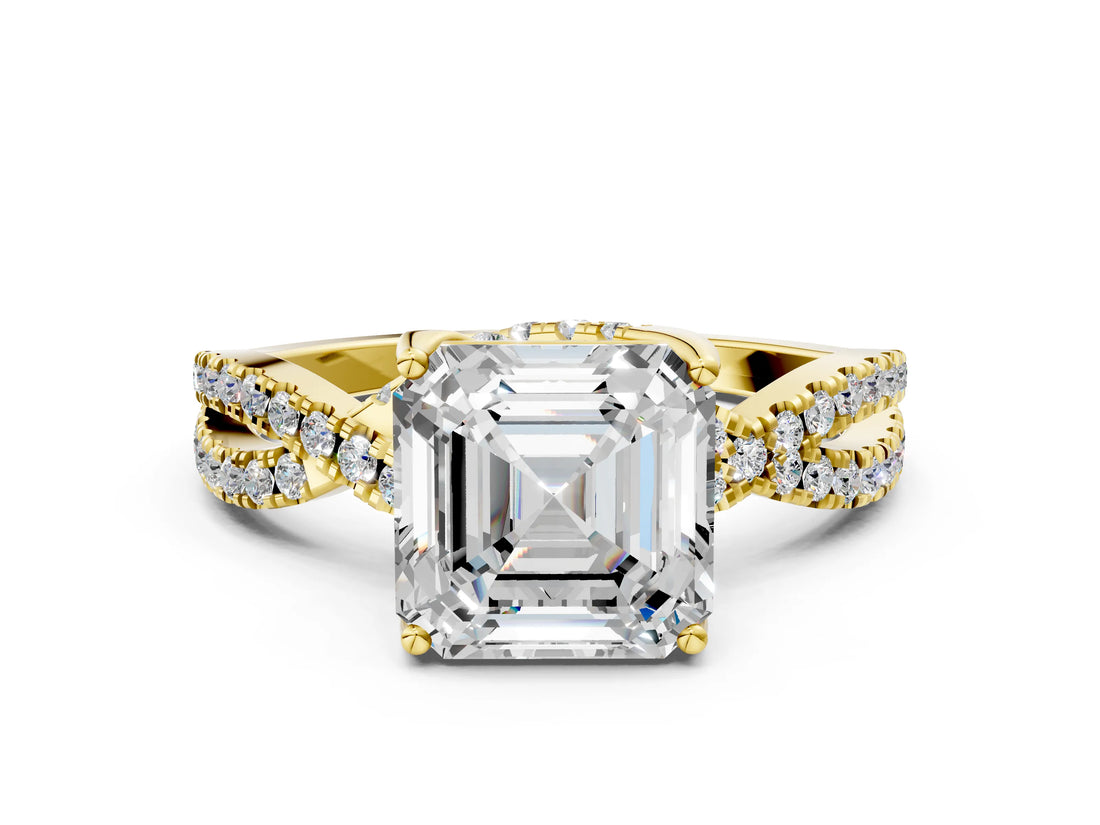 Yellow gold Asscher Cut Solitaire Twist Pave Diamond Engagement Ring with Prong Setting_15