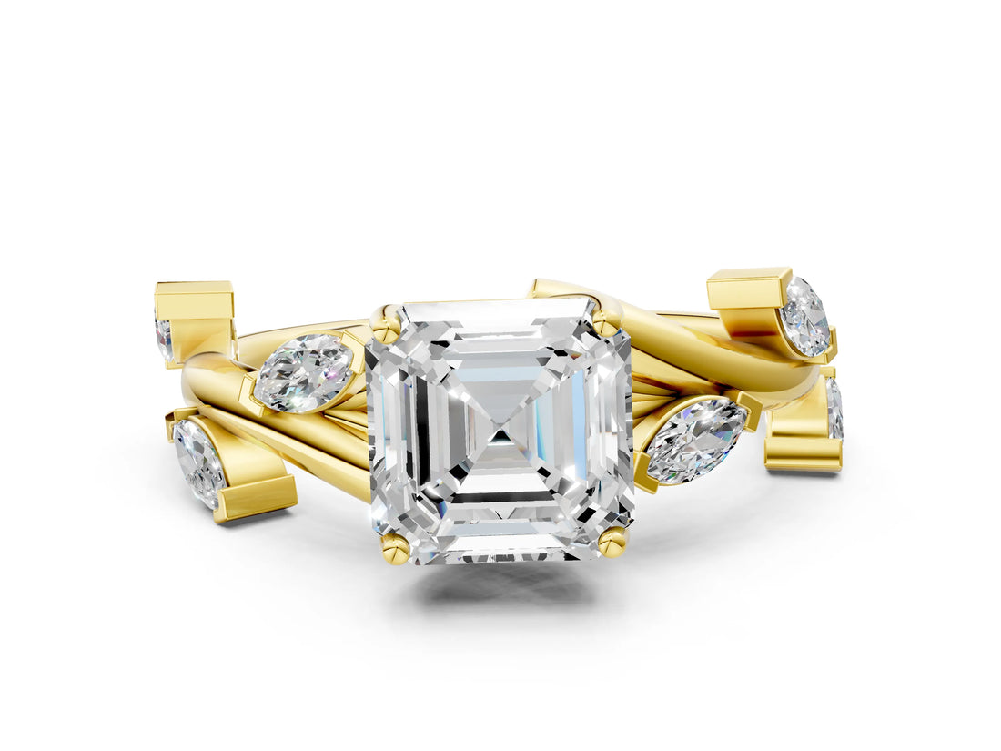 Yellow gold Asscher Cut Solitaire Twisted Band Marquise Accent Prong Setting Ring_15