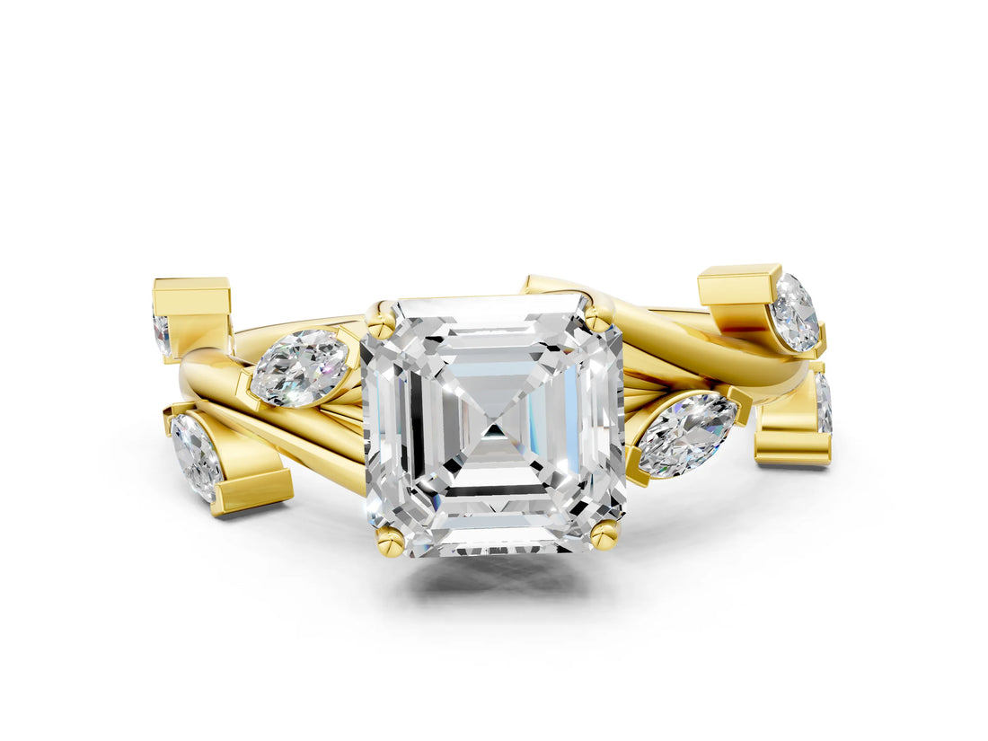 Yellow gold Asscher Cut Solitaire Twisted Band Marquise Accent Prong Setting Ring_3