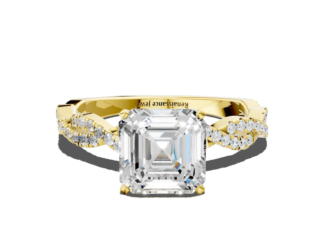 Yellow gold Asscher Cut Solitaire Twisted Pave Band with Four-Prong Setting_4