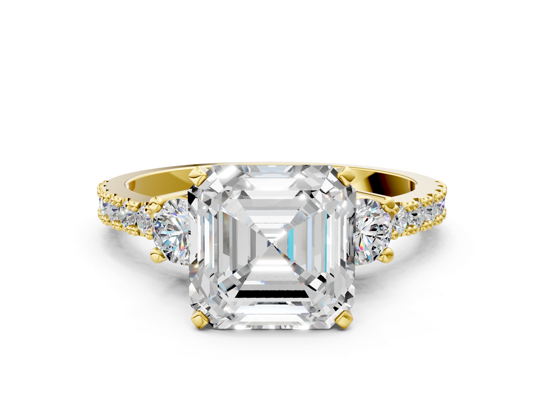 Yellow gold Asscher Cut Three-Stone Diamond Pavé Band with Prong Setting_23