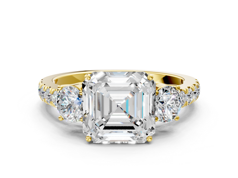 Yellow gold Asscher Cut Three-Stone Diamond Pave Band with Prong Setting_46