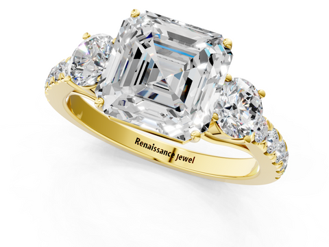 Yellow gold Asscher Cut Three-Stone Diamond Pave Band with Prong Setting_47