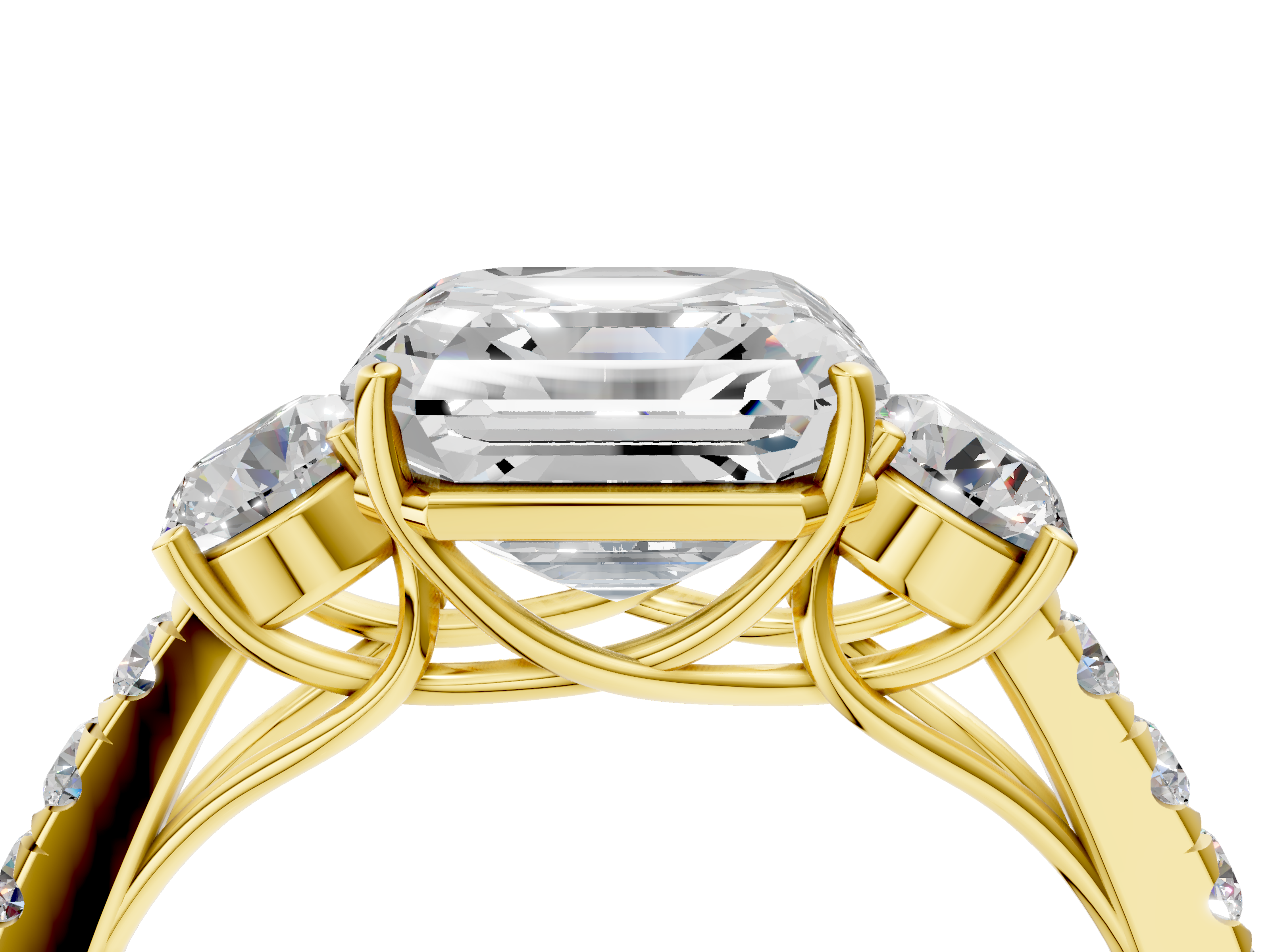 Yellow gold Asscher Cut Three-Stone Diamond Pave Band with Prong Setting_50