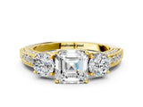 Yellow gold Asscher Cut Three-Stone Diamond Ring with Pavé Band and Four-Prong Setting_7