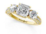 Yellow gold Asscher Cut Three-Stone Diamond Ring with Pavé Band and Four-Prong Setting_8