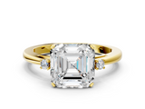 Yellow gold Asscher Cut Three-Stone Solitaire Ring with Round Accent Diamonds and Four-Prong Setting_37