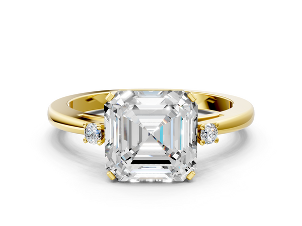 Yellow gold Asscher Cut Three-Stone Solitaire Ring with Round Accent Diamonds and Four-Prong Setting