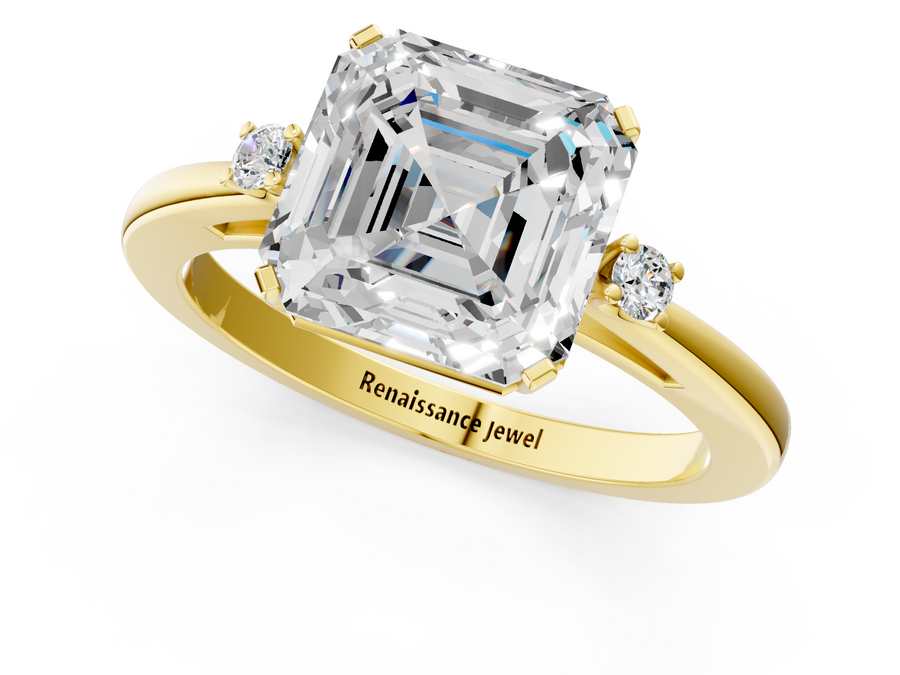 Yellow gold Asscher Cut Three-Stone Solitaire Ring with Round Accent Diamonds and Four-Prong Setting