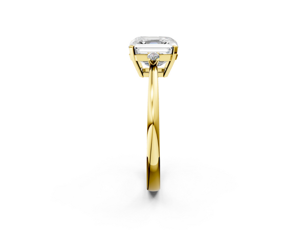 Yellow gold Asscher Cut Three-Stone Solitaire Ring with Round Accent Diamonds and Four-Prong Setting